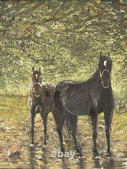 Fine Old Antique Horse Plein Air Landscape Impressionist Oil Painting Vintage