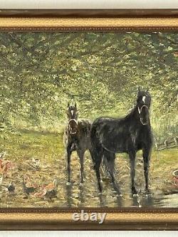 Fine Old Antique Horse Plein Air Landscape Impressionist Oil Painting Vintage