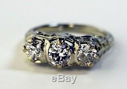 GIA 18K Antique Art Deco 3 Stone Old European engagement Diamond Engraved Ring