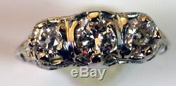 GIA 18K Antique Art Deco 3 Stone Old European engagement Diamond Engraved Ring