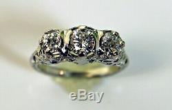 GIA 18K Antique Art Deco 3 Stone Old European engagement Diamond Engraved Ring