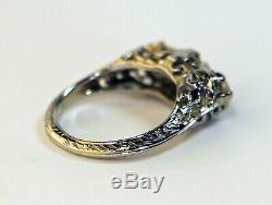 GIA 18K Antique Art Deco 3 Stone Old European engagement Diamond Engraved Ring