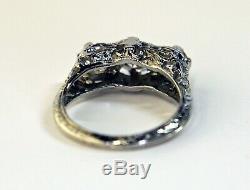 GIA 18K Antique Art Deco 3 Stone Old European engagement Diamond Engraved Ring