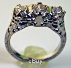 GIA 18K Antique Art Deco 3 Stone Old European engagement Diamond Engraved Ring