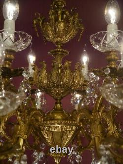 Huge 18 Light Crystal Chandelier Brass Vintage Lamp Cut Crystal Bowls Old Ø 32