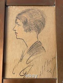 Impressive Antique Woman Portrait Drawing Old Vintage Modern Art Deco Nouveau 62