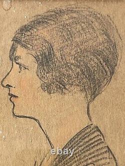 Impressive Antique Woman Portrait Drawing Old Vintage Modern Art Deco Nouveau 62