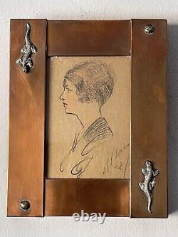 Impressive Antique Woman Portrait Drawing Old Vintage Modern Art Deco Nouveau 62