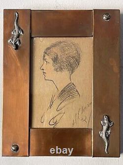 Impressive Antique Woman Portrait Drawing Old Vintage Modern Art Deco Nouveau 62