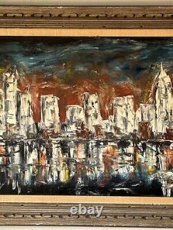 LARGE ANTIQUE MID CENTURY MODERN ABSTRACT CITYSCAPE OIL PAINTING OLD VINTAGE 60s