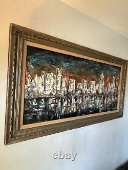 LARGE ANTIQUE MID CENTURY MODERN ABSTRACT CITYSCAPE OIL PAINTING OLD VINTAGE 60s