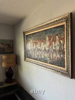 LARGE ANTIQUE MID CENTURY MODERN ABSTRACT CITYSCAPE OIL PAINTING OLD VINTAGE 60s