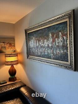 LARGE ANTIQUE MID CENTURY MODERN ABSTRACT CITYSCAPE OIL PAINTING OLD VINTAGE 60s