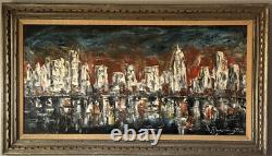 LARGE ANTIQUE MID CENTURY MODERN ABSTRACT CITYSCAPE OIL PAINTING OLD VINTAGE 60s