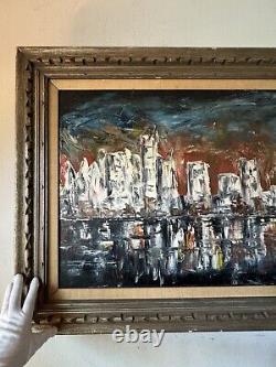 LARGE ANTIQUE MID CENTURY MODERN ABSTRACT CITYSCAPE OIL PAINTING OLD VINTAGE 60s