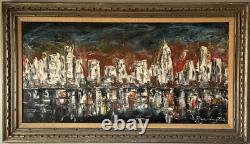 LARGE ANTIQUE MID CENTURY MODERN ABSTRACT CITYSCAPE OIL PAINTING OLD VINTAGE 60s