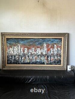 LARGE ANTIQUE MID CENTURY MODERN ABSTRACT CITYSCAPE OIL PAINTING OLD VINTAGE 60s