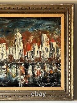 LARGE ANTIQUE MID CENTURY MODERN ABSTRACT CITYSCAPE OIL PAINTING OLD VINTAGE 60s