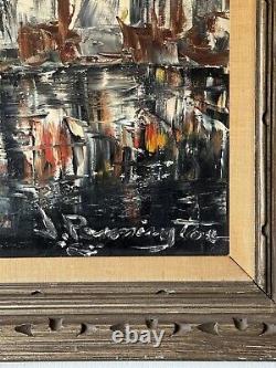 LARGE ANTIQUE MID CENTURY MODERN ABSTRACT CITYSCAPE OIL PAINTING OLD VINTAGE 60s