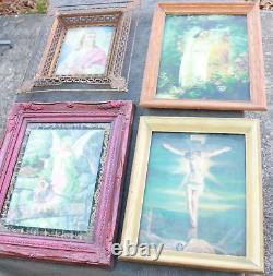 Lot OLD 3d LENTICULAR Prints Framed Antique Vintage Religious Christian DEEP OS