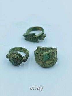 Lot Of Old Antique Jewelry Bronze Rings With Figures From Ancient Historic Time