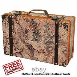 Map Decorative Suitcase Trunk Old World Vintage Antique Retro Luggage Home Brown