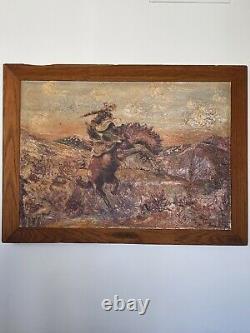 Old Antique Cowboy Western Horse Rider Oil Painting Vintage Abstract Signed 1930