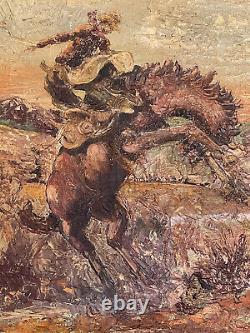 Old Antique Cowboy Western Horse Rider Oil Painting Vintage Abstract Signed 1930