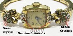 Old Antique Hamilton 14k Gold & Real Diamonds & Green Crystals Watch & Gold Band