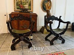 Old Antique Pair of Hand Carved Wood Neoclassical Curule Chairs