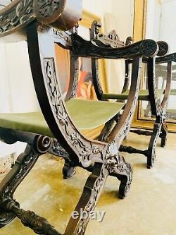 Old Antique Pair of Hand Carved Wood Neoclassical Curule Chairs