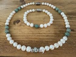 Old Antique Pearls Set Necklace and Braclet With Green Aventurine Stones