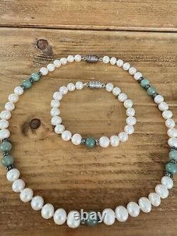 Old Antique Pearls Set Necklace and Braclet With Green Aventurine Stones