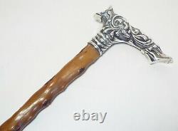 Old Antique STERLING SILVER HANDLED Knobby Wood CANE Signed M. T. Gabb Flint, MI