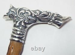 Old Antique STERLING SILVER HANDLED Knobby Wood CANE Signed M. T. Gabb Flint, MI