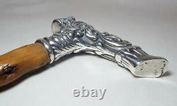 Old Antique STERLING SILVER HANDLED Knobby Wood CANE Signed M. T. Gabb Flint, MI