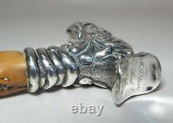 Old Antique STERLING SILVER HANDLED Knobby Wood CANE Signed M. T. Gabb Flint, MI