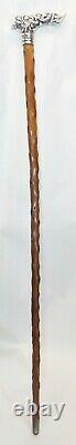 Old Antique STERLING SILVER HANDLED Knobby Wood CANE Signed M. T. Gabb Flint, MI