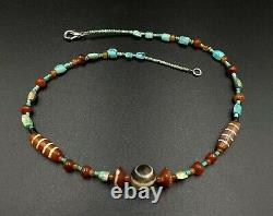 Old Antique Style Etched Carnelian Agate Turquoise Beads Jewelry Necklace Mala