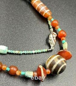 Old Antique Style Etched Carnelian Agate Turquoise Beads Jewelry Necklace Mala