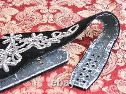 Old Antique Vintage Black Leather Velvet Rhinestone Applique V Belt Adjustable