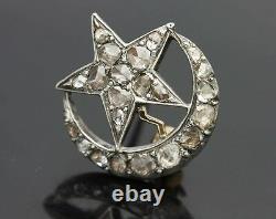 Old Antique Vintage Diamond 14k White Gold & Silver Crescent Star Pin Brooches