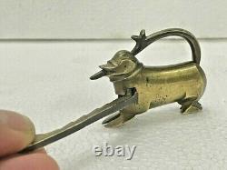 Old Antique Vintage Handcrafted Brass Dog Shape Padlock With Strip System Key