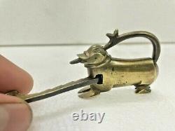 Old Antique Vintage Handcrafted Brass Dog Shape Padlock With Strip System Key