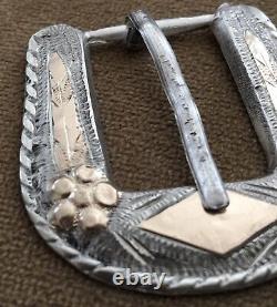 Old Antique Vintage Mexico Sterling Silver & Gold Wash Ranger Belt Buckle Set