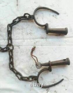 Old Antique Vintage Strong Heavy Iron Long chain Rare Adjustable Lock Handcuffs