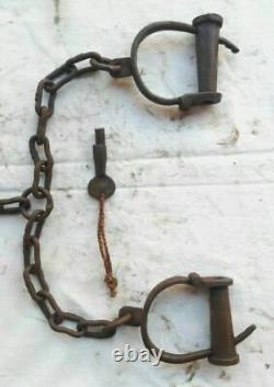 Old Antique Vintage Strong Heavy Iron Long chain Rare Adjustable Lock Handcuffs
