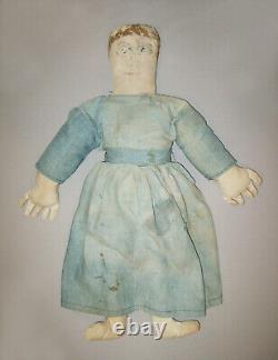 Old Antique Vtg 19th C 1800s Folk Art Painted Face Cloth Rag Doll 24 With Fingers