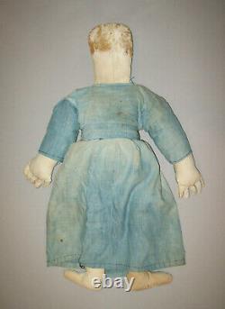 Old Antique Vtg 19th C 1800s Folk Art Painted Face Cloth Rag Doll 24 With Fingers