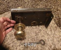 Old Antique door rim lock, Key, Brass Handles Backplate & Keeper 18cm x 11.6cm